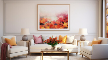 An inviting living room setup with a blank white empty frame, featuring a vibrant, nature-inspired digital artwork that brings the beauty of the outdoors inside.