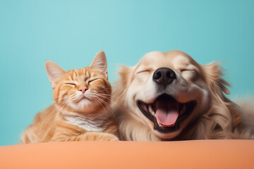 Cute dog and cat with happy expression lying together. Banner of pets.