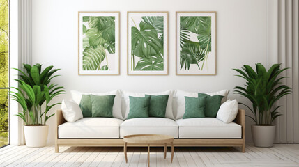 An inviting living room setup with a blank white empty frame, featuring a vibrant, nature-inspired digital artwork that brings the outdoors inside.