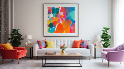 An inviting living room setup with a blank white empty frame, featuring a colorful, contemporary mixed-media artwork that sparks curiosity.