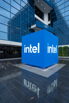 Santa Clara, CA, USA - Feb 20, 2024: Intel Corporation's headquarters in Santa Clara, California, on a rainy day. Intel Corporation is an American manufacturer of semiconductor computer circuits.