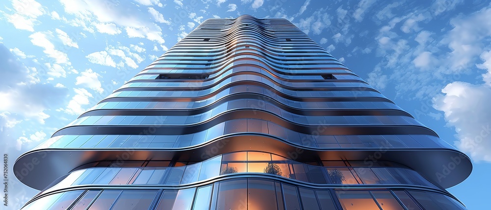 Poster a 3d simulation shows a high rise curve glass building and dark steel window system against a blue c
