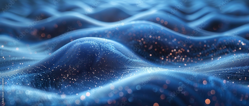 Poster A digital wave in abstract form with a blue circular background on top of a futuristic point wave. Big data rendering.