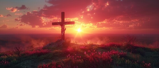 On a hill at sunset, a cross with robes and crowns of thorns represents the Calvary and Resurrection