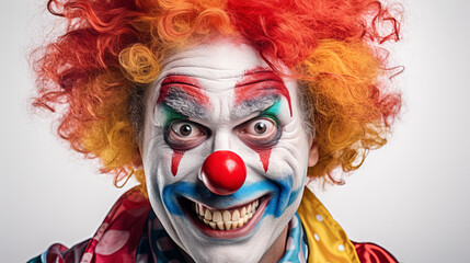Close-up portrait of a crazy creepy clown - a psychopath.
Halloween image concept - obrazy, fototapety, plakaty