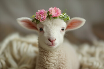 Springtime adorable baby lamb wearing a flower crown, Easter concept.