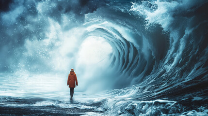 Person facing a towering ocean wave.