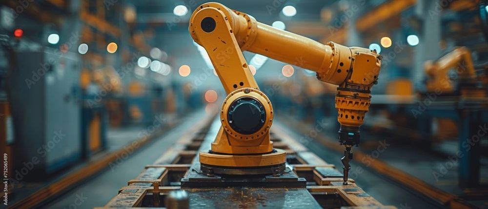 Aufkleber Welding robotics and digital manufacturing operation in an intelligent factory. Manager engineer checks and controls automated robot arms machine on real-time monitoring system.