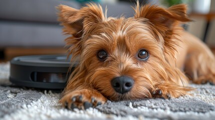 Yorkshire terrier on robotic vacuum cleaner close-up