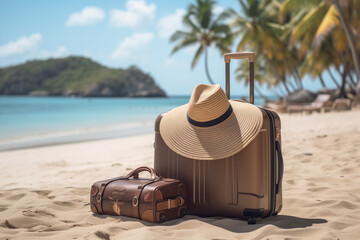 Suitcases with straw hat on the tropical sand beach with palms - 752065441