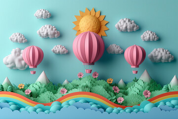 Hot air balloon over the mountains, paper craft art or origami style for baby nursery, children design.