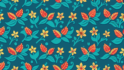 Seamless pattern with flowers and leaves on a blue background.