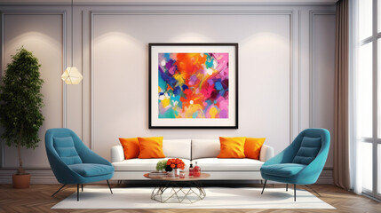 An inviting living room setup with a blank white empty frame, featuring a colorful, abstract digital artwork that sparks creativity and imagination.