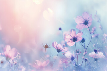 Soft spring, pink and blue watercolor background with copy space and spring flowers
