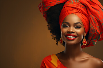 Beautiful smiling African woman with bright red lipstick and red african headscarf