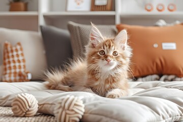 Cute kitten resting on white sofa at home