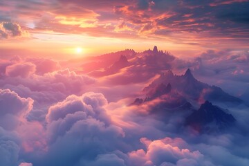 Aerial view of foggy sunrise in the mountains, fantasy view