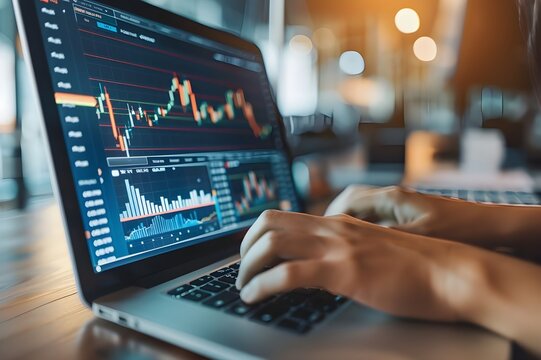 Stock market data chart analysis by ingenious computer software . Investment application display stock market chart on the computer screen and advise trading decision .