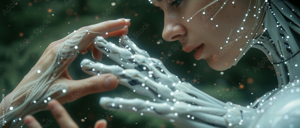 Poster The hands of a robot and a human touching DNA connected is an illustration of a virtual interface that illustrates a future concept that means science and innovation, as well as artificial