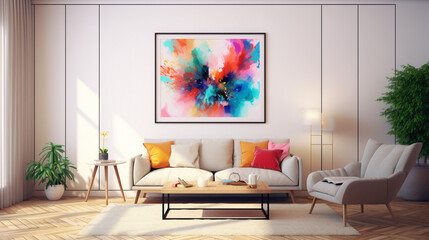 An inviting living room setup with a blank white empty frame, featuring a colorful, abstract digital artwork that sparks curiosity and contemplation.