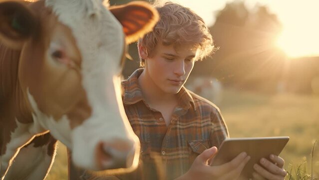 Young smart farmer using smart device management in the cow livestock. Technology innovations for increasing productivity. 4k video footage