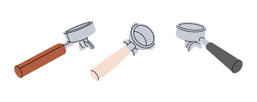Coffee portafilters for coffee machine. Hand drawn elements for cafe menu, coffee shop. Vector illustration.