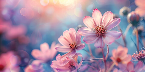 Dreamy pastel-colored floral background with delicate spring flowers and a blurred effect - obrazy, fototapety, plakaty