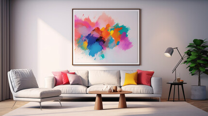 An inviting living room setup with a blank white empty frame, featuring a colorful, abstract digital collage that adds a burst of creativity to the space.