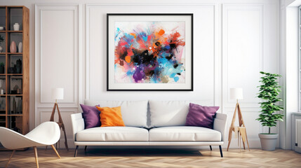 An inviting living room setup with a blank white empty frame, featuring a colorful, abstract digital collage that adds a burst of creativity to the space.