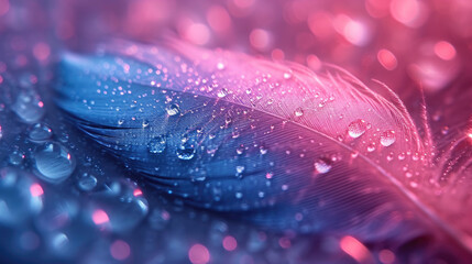 Background gentle airy texture of light feather with water drops macro. Tinted blue pink and purple pastel colour. Elegant romantic artistic image