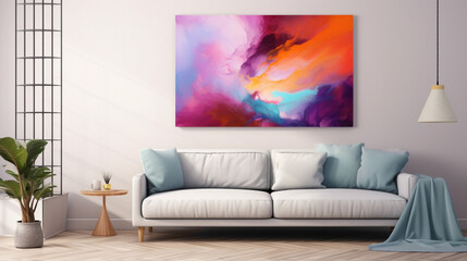 An inviting living room setup with a blank white empty frame, featuring a vibrant, digitally created abstract artwork that sparks imagination and creativity.