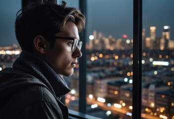 person with glasses, their face obscured by a grey rectangle, looking out of a window at a cityscape lit up with evening lights