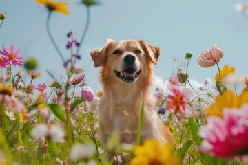 A dog is sitting in a field of flowers