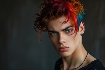 A young man with rainbow colored hair and blue eyes