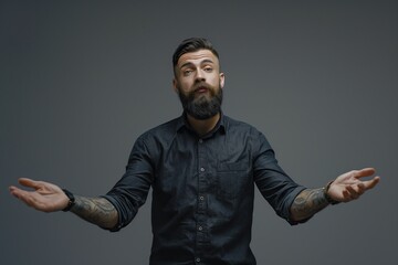 A man with a beard and tattoos is standing with his hands outstretched