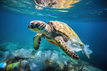Underwater concept of global problem with plastic rubbish floating in the oceans. Hawksbill turtle in caption of plastic bag.