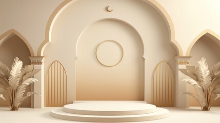 Minimalist empty podium with Islamic nuances, adorned with perfect Ramadan Kareem ornaments and bright colors