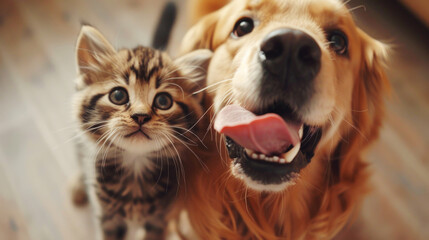 Adorable golden retriever dog and kitten together, animal friendship