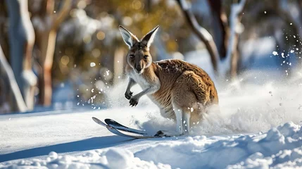 Tuinposter A kangaroo gliding over ice on skis. © Yusif