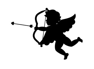 Cupid aiming a bow and arrow. Cherub silhouette. Valentine's day. Love symbol. Vector illustration.