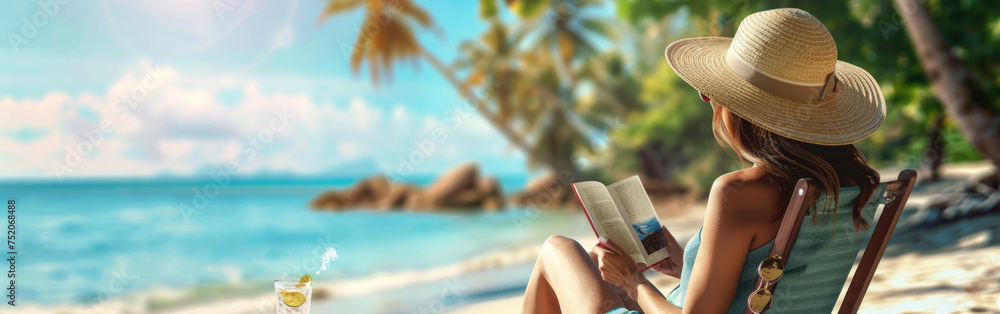 Wall mural woman on the beach relaxing and reading a book