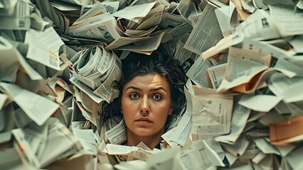 Pulling back from an Indian American woman's face as she completely buried in unpaid bills