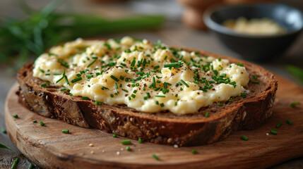 brown bread with curd cheese and chives - obrazy, fototapety, plakaty