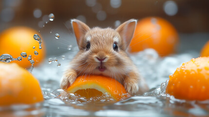 水の上でオレンジに乗って遊ぶネザーランドドワーフ・ミニウサギ - obrazy, fototapety, plakaty