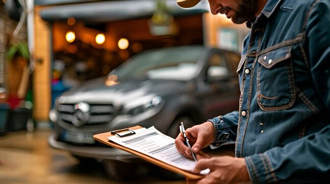 An insurance agent inspects cars in a garage repair shop with a clipboard in hand