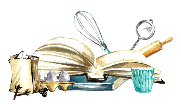Illustration for World Book Day. An open cookbook surrounded by a bag of flour and eggs, a sieve, a rolling pin and a whisk, and paper cupcake molds. Watercolor drawing on a white background