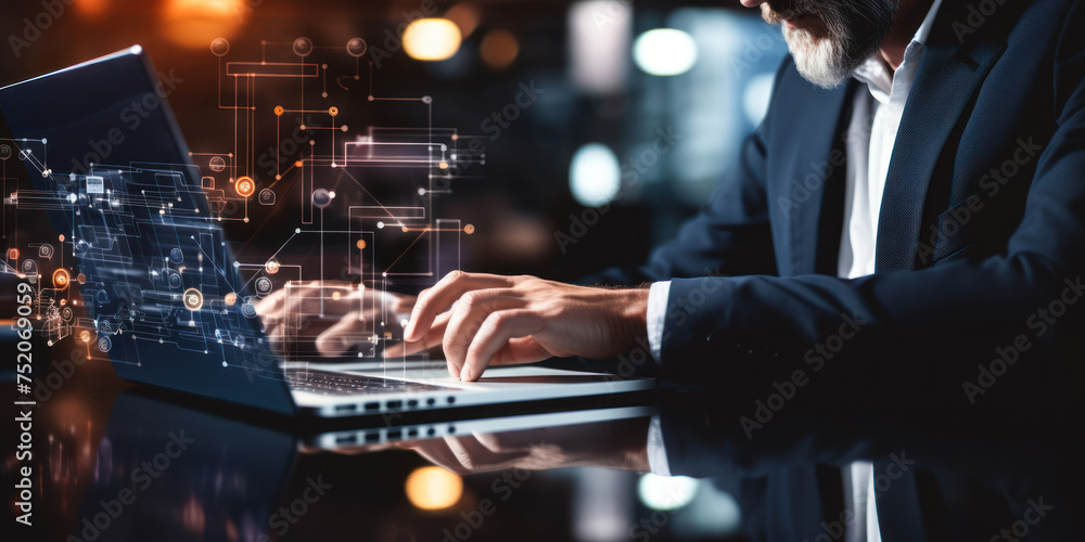 Poster professional businessman working on a laptop with a virtual interface for data management and organi