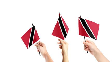 A group of people are holding small flags of Trinidad and Tobago in their hands.