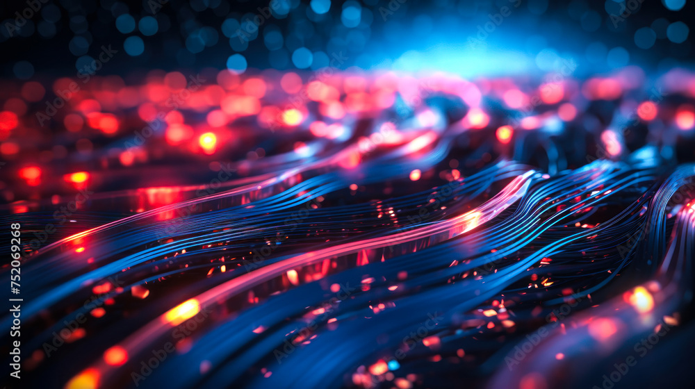 Poster abstract high-speed technology concept with flowing digital data and light trails on dark background