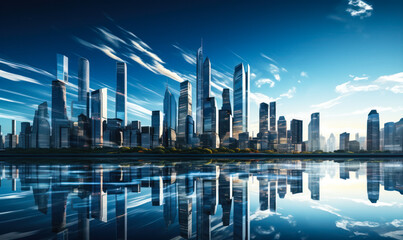 Naklejka na ściany i meble Reflective Waterfront Panorama of Modern City Skyline with Skyscrapers and Bright Blue Sky at Dusk, Urban Architecture and Futuristic Metropolitan Cityscape Concept